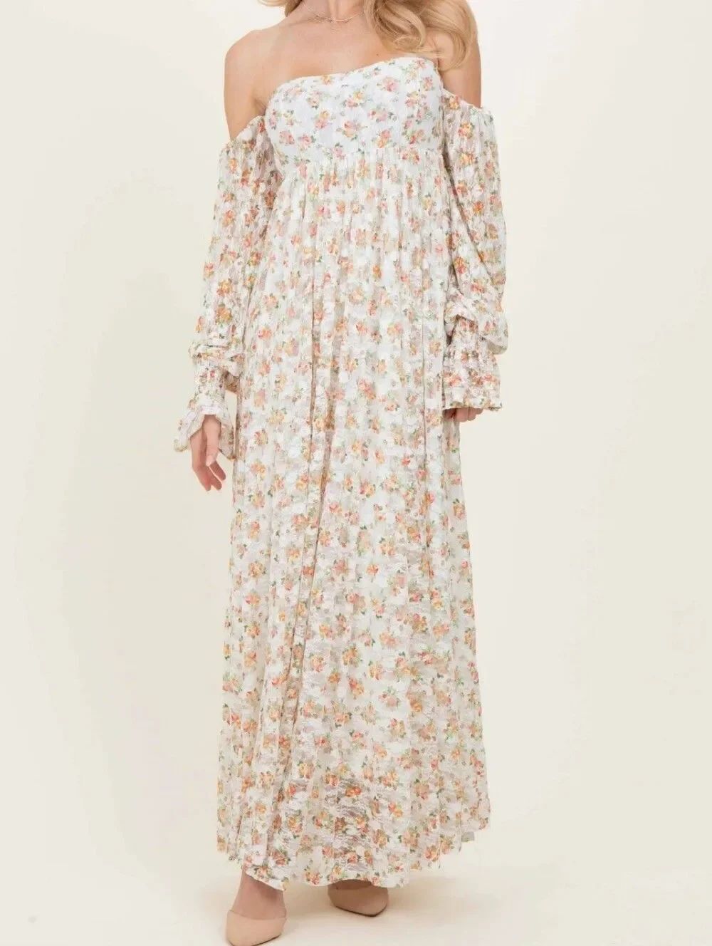 Rhea & Thea Floral Smocked Maxi Dress Cottagecore Romantic Boho Small
